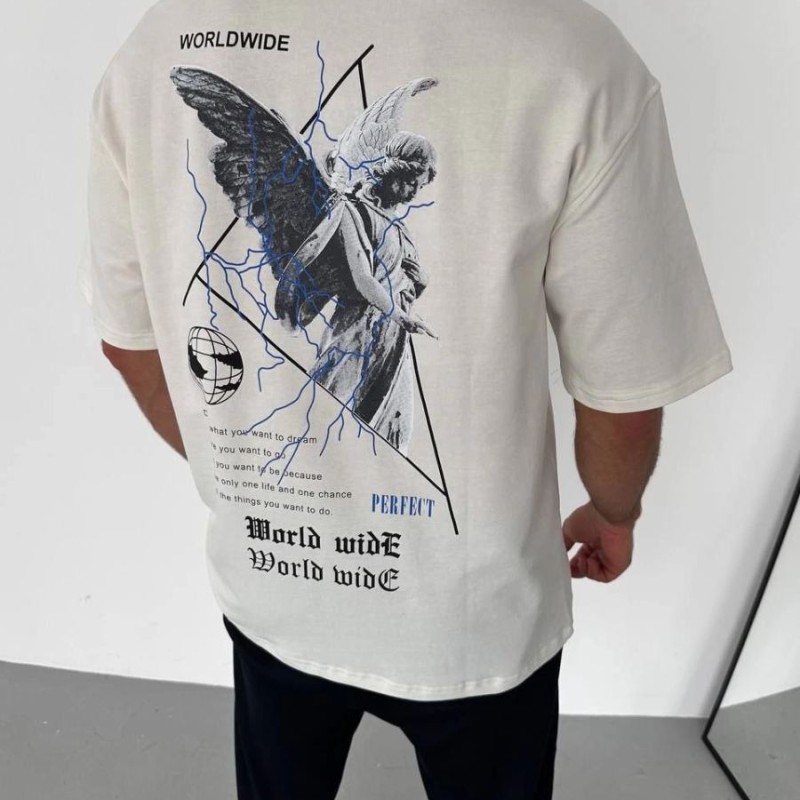 Erkek Yazlık Baskılı Tişört Bisiklet Yaka Kısa Kol Regular Fit T-Shirt - Beyaz