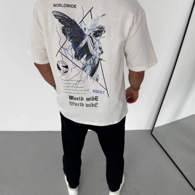 Erkek Yazlık Baskılı Tişört Bisiklet Yaka Kısa Kol Regular Fit T-Shirt - Beyaz