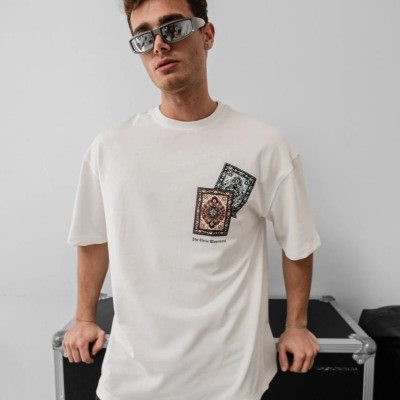 Erkek Yazlık Bisiklet Yaka Baskılı Regular Fit Tişört Kısa Kol T-Shirt - Beyaz