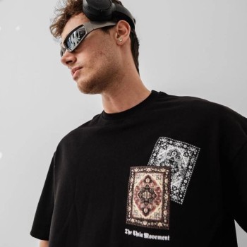 Erkek Yazlık Bisiklet Yaka Baskılı Regular Fit Tişört Kısa Kol T-Shirt - Siyah