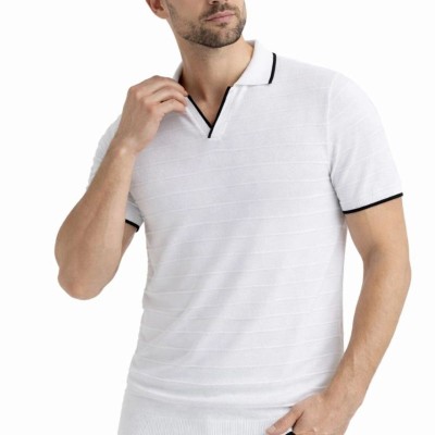 Erkek Yazlık Dokuma Triko Tişört Düğmesiz  Polo Yaka Kısa Kol T-Shirt - Beyaz
