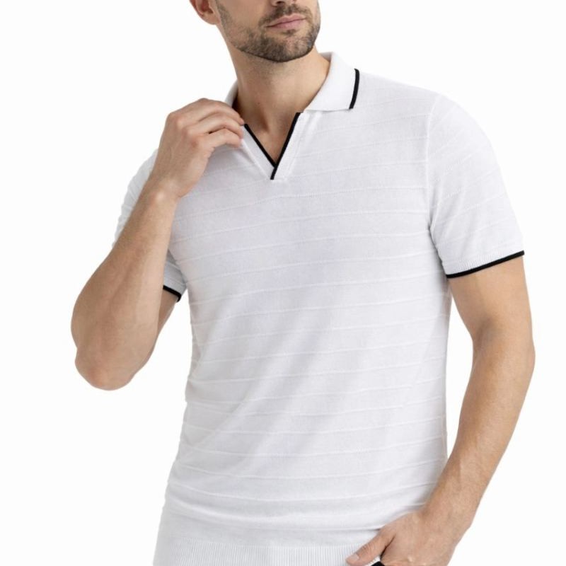 Erkek Yazlık Dokuma Triko Tişört Düğmesiz  Polo Yaka Kısa Kol T-Shirt - Beyaz