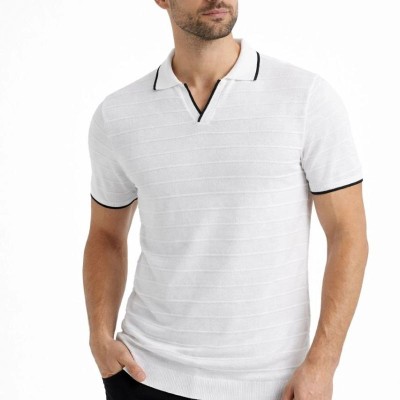 Erkek Yazlık Dokuma Triko Tişört Düğmesiz  Polo Yaka Kısa Kol T-Shirt - Beyaz