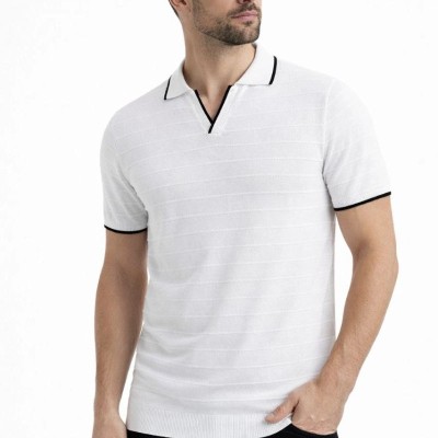 Erkek Yazlık Dokuma Triko Tişört Düğmesiz  Polo Yaka Kısa Kol T-Shirt - Beyaz