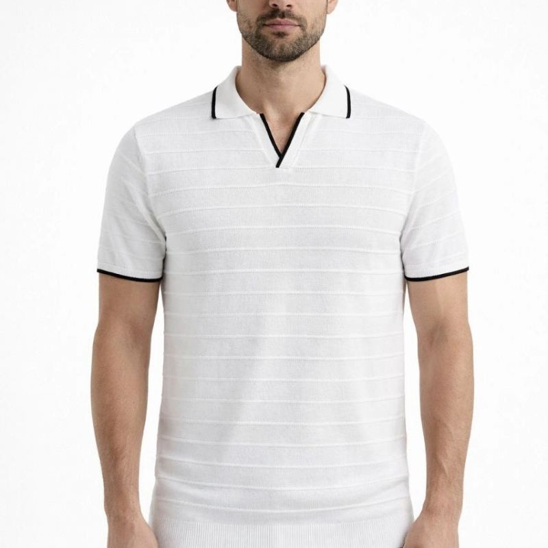 Erkek Yazlık Dokuma Triko Tişört Düğmesiz  Polo Yaka Kısa Kol T-Shirt - Beyaz