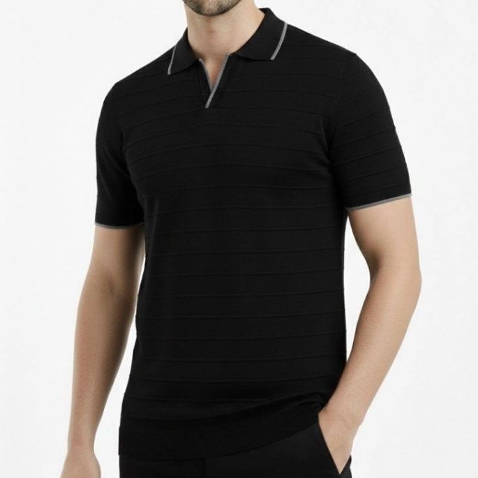 Erkek Yazlık Dokuma Triko Tişört Düğmesiz Polo Yaka Kısa Kol T-Shirt - Siyah