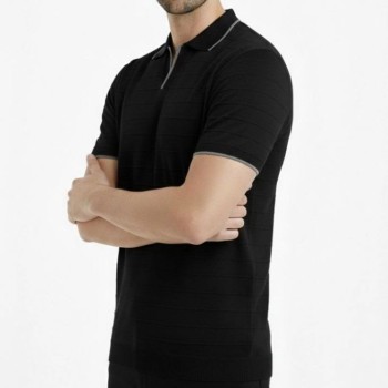 Erkek Yazlık Dokuma Triko Tişört Düğmesiz Polo Yaka Kısa Kol T-Shirt - Siyah