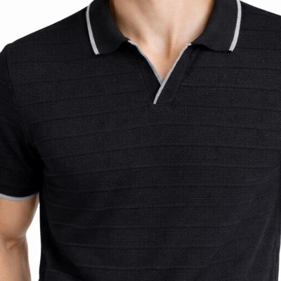 Erkek Yazlık Dokuma Triko Tişört Düğmesiz Polo Yaka Kısa Kol T-Shirt - Siyah