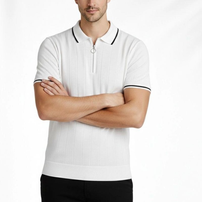 Erkek Yazlık Dokuma Triko Tişört Fermuarlı Polo Yaka Kısa Kol T-Shirt - Beyaz