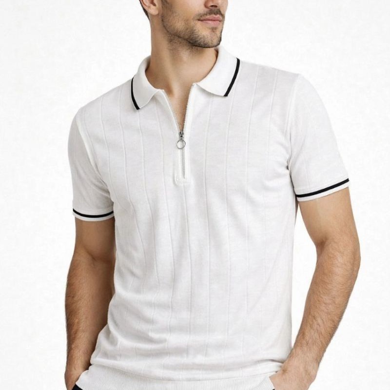 Erkek Yazlık Dokuma Triko Tişört Fermuarlı Polo Yaka Kısa Kol T-Shirt - Beyaz