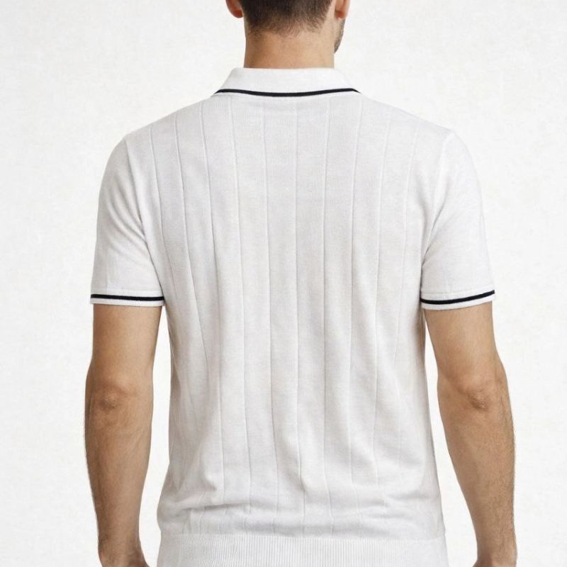 Erkek Yazlık Dokuma Triko Tişört Fermuarlı Polo Yaka Kısa Kol T-Shirt - Beyaz