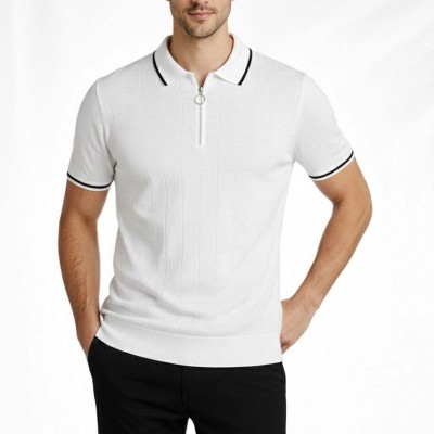 Erkek Yazlık Dokuma Triko Tişört Fermuarlı Polo Yaka Kısa Kol T-Shirt - Beyaz