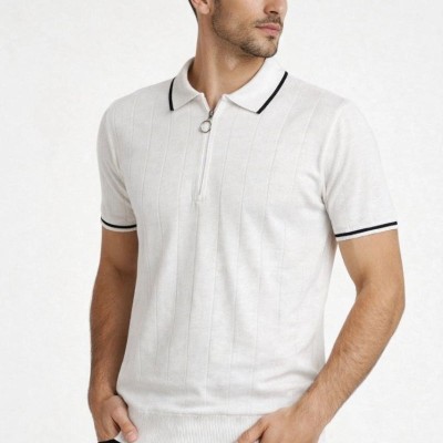 Erkek Yazlık Dokuma Triko Tişört Fermuarlı Polo Yaka Kısa Kol T-Shirt - Beyaz