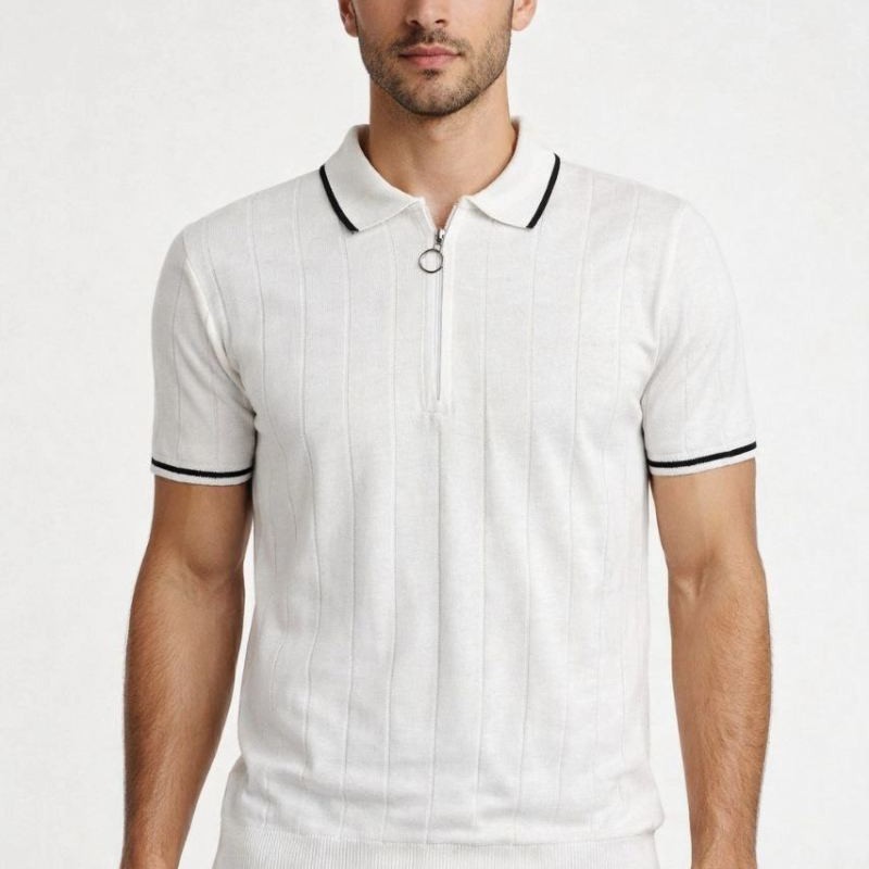 Erkek Yazlık Dokuma Triko Tişört Fermuarlı Polo Yaka Kısa Kol T-Shirt - Beyaz