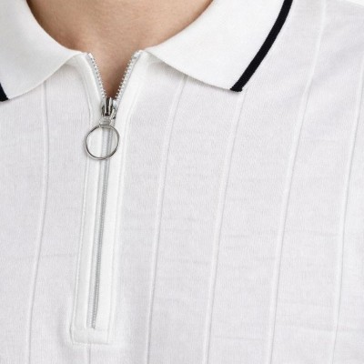 Erkek Yazlık Dokuma Triko Tişört Fermuarlı Polo Yaka Kısa Kol T-Shirt - Beyaz