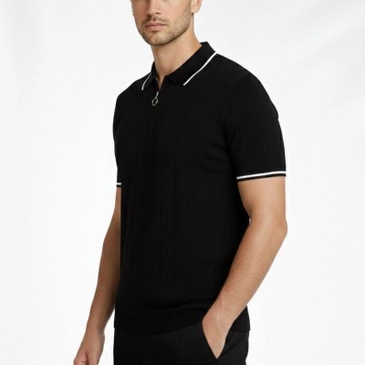 Erkek Yazlık Dokuma Triko Tişört Fermuarlı Polo Yaka Kısa Kol T-Shirt - Siyah