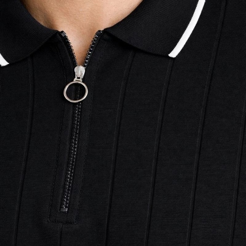 Erkek Yazlık Dokuma Triko Tişört Fermuarlı Polo Yaka Kısa Kol T-Shirt - Siyah