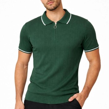 Erkek Yazlık Dokuma Triko Tişört Fermuarlı Polo Yaka Kısa Kol T-Shirt - Yeşil