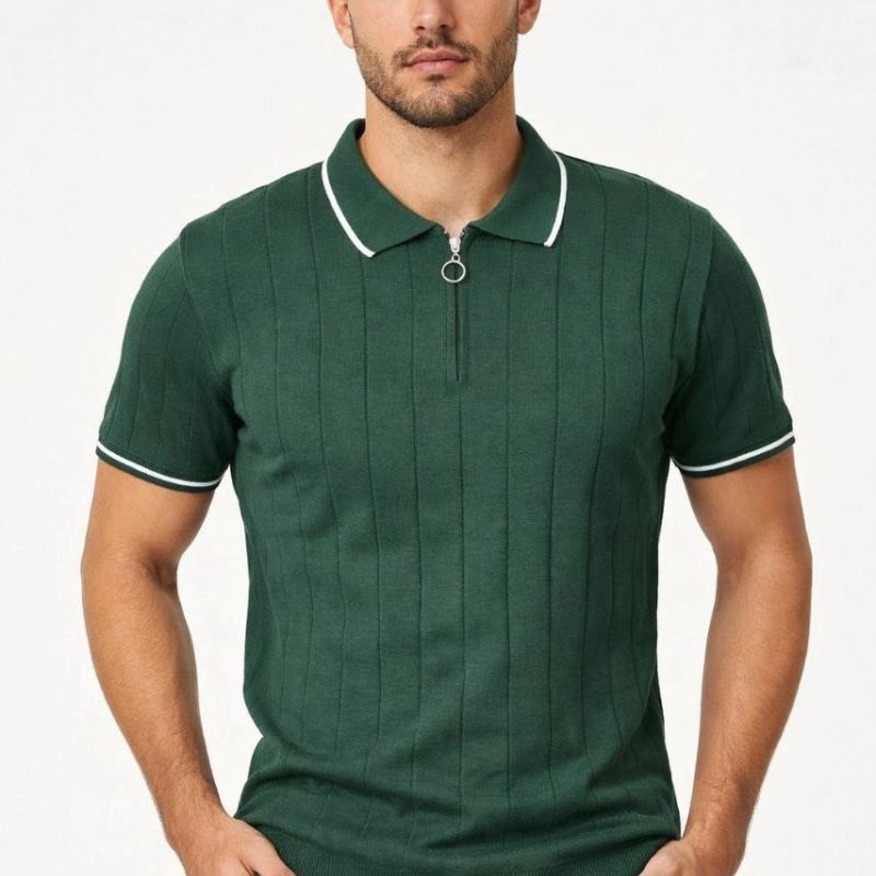 Erkek Yazlık Dokuma Triko Tişört Fermuarlı Polo Yaka Kısa Kol T-Shirt - Yeşil