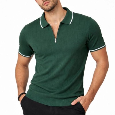 Erkek Yazlık Dokuma Triko Tişört Fermuarlı Polo Yaka Kısa Kol T-Shirt - Yeşil