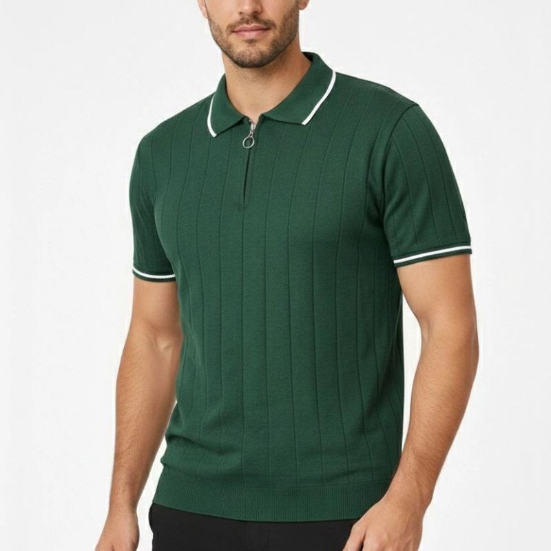 Erkek Yazlık Dokuma Triko Tişört Fermuarlı Polo Yaka Kısa Kol T-Shirt - Yeşil