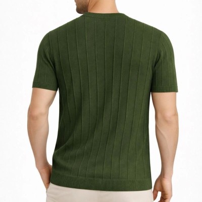 Erkek Yazlık Fitilli Triko Tişört Kısa Kol Bisiklet Yaka T-Shirt - Haki