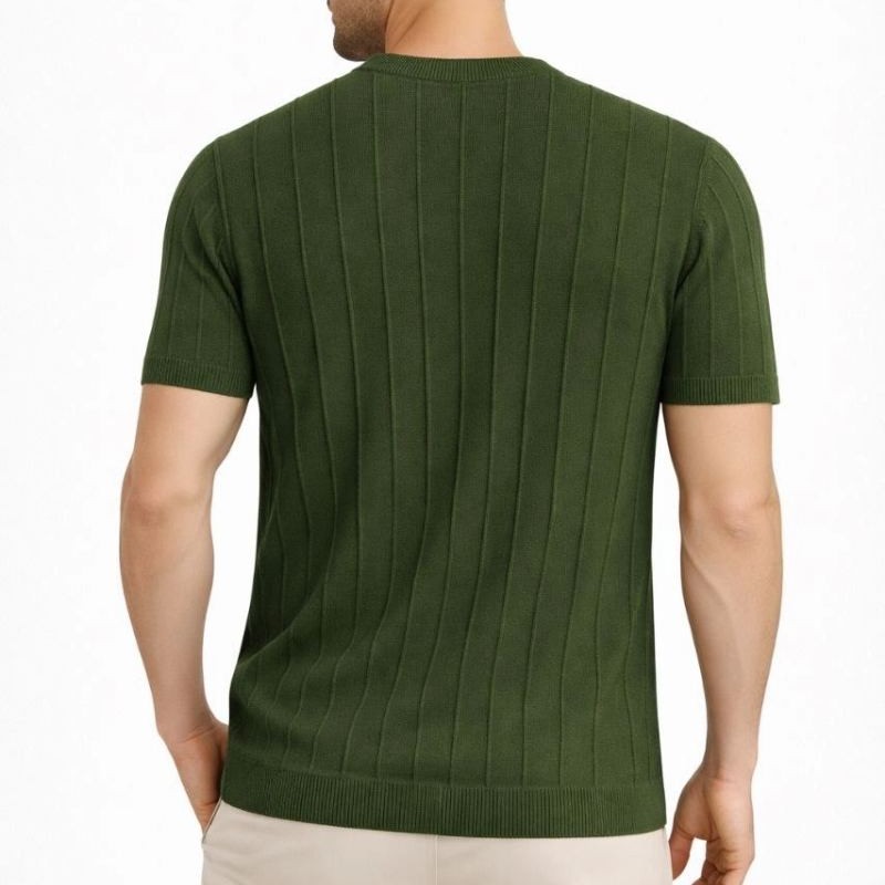 Erkek Yazlık Fitilli Triko Tişört Kısa Kol Bisiklet Yaka T-Shirt - Haki