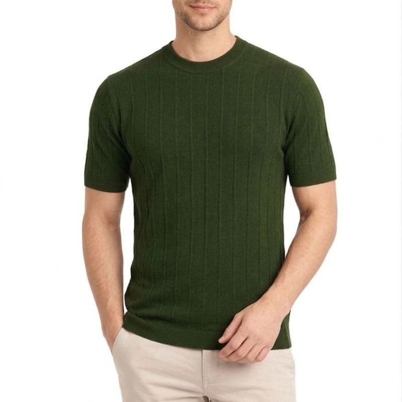 Erkek Yazlık Fitilli Triko Tişört Kısa Kol Bisiklet Yaka T-Shirt - Haki