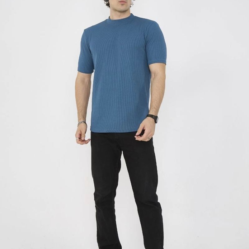 ERKEK Yazlık Tişört Bisiklet Yaka T-Shirt- Turkuaz
