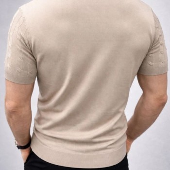 Erkek Yazlık Triko Dokuma Tişört Kısa Kol Bisiklet Yaka Örgü Desenli T-Shirt - Bej