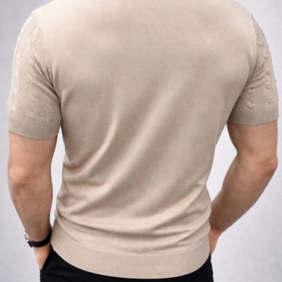 Erkek Yazlık Triko Dokuma Tişört Kısa Kol Bisiklet Yaka Örgü Desenli T-Shirt - Bej
