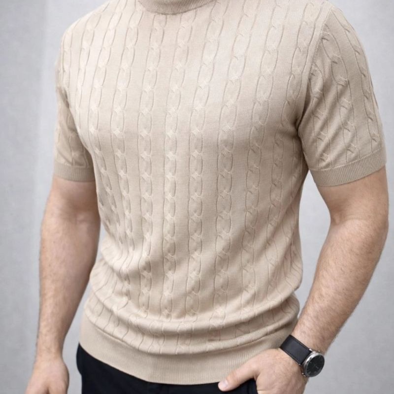 Erkek Yazlık Triko Dokuma Tişört Kısa Kol Bisiklet Yaka Örgü Desenli T-Shirt - Bej