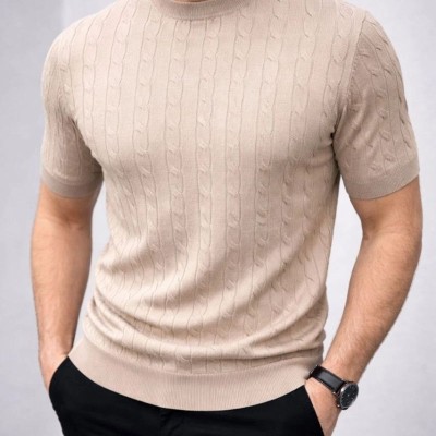 Erkek Yazlık Triko Dokuma Tişört Kısa Kol Bisiklet Yaka Örgü Desenli T-Shirt - Bej