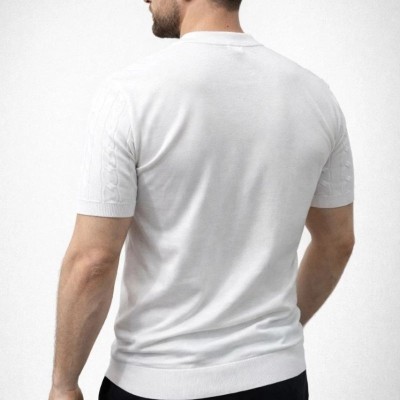 Erkek Yazlık Triko Dokuma Tişört Kısa Kol Bisiklet Yaka Örgü Desenli T-Shirt - Beyaz