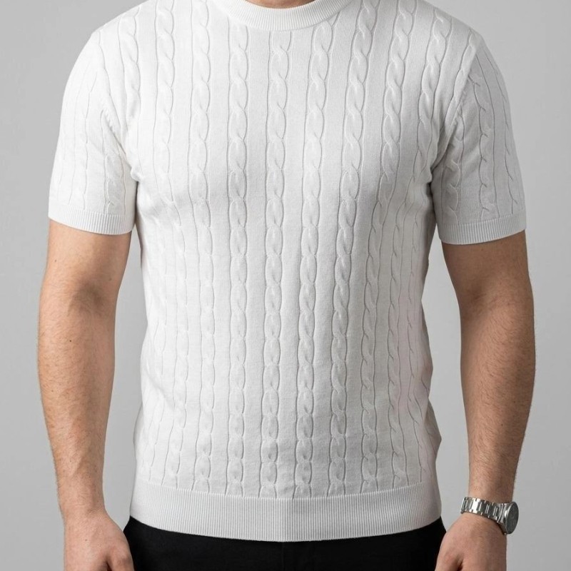 Erkek Yazlık Triko Dokuma Tişört Kısa Kol Bisiklet Yaka Örgü Desenli T-Shirt - Beyaz