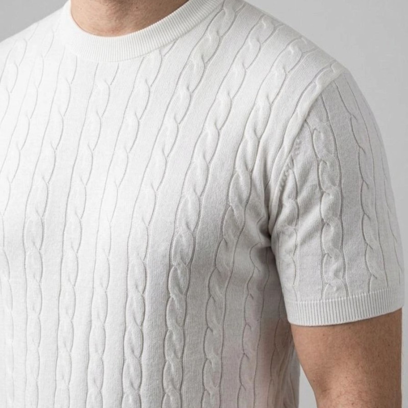 Erkek Yazlık Triko Dokuma Tişört Kısa Kol Bisiklet Yaka Örgü Desenli T-Shirt - Beyaz