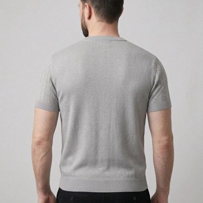 Erkek Yazlık Triko Dokuma Tişört Kısa Kol Bisiklet Yaka Örgü Desenli T-Shirt - Gri