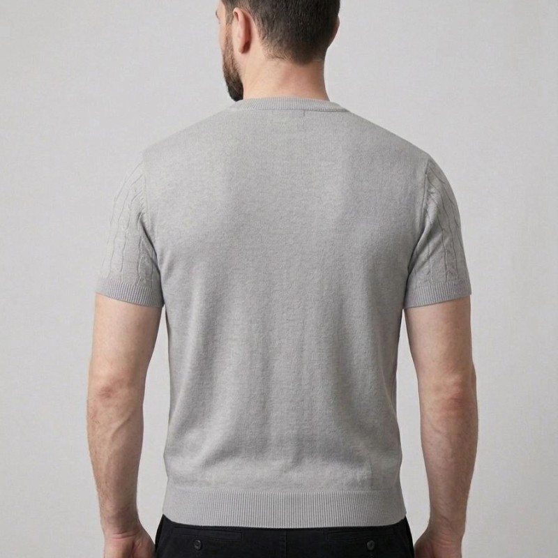 Erkek Yazlık Triko Dokuma Tişört Kısa Kol Bisiklet Yaka Örgü Desenli T-Shirt - Gri