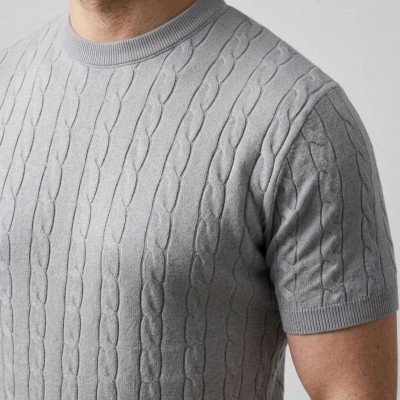 Erkek Yazlık Triko Dokuma Tişört Kısa Kol Bisiklet Yaka Örgü Desenli T-Shirt - Gri