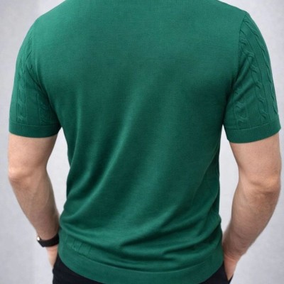 Erkek Yazlık Triko Dokuma Tişört Kısa Kol Bisiklet Yaka Örgü Desenli T-Shirt - Haki