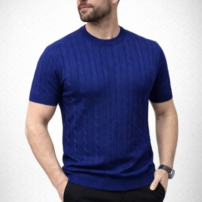 Erkek Yazlık Triko Dokuma Tişört Kısa Kol Bisiklet Yaka Örgü Desenli T-Shirt - Lacivert