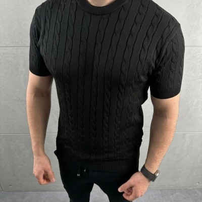 Erkek Yazlık Triko Dokuma Tişört Kısa Kol Bisiklet Yaka Örgü Desenli T-Shirt - Siyah