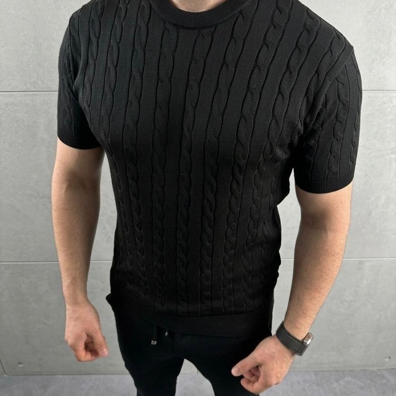 Erkek Yazlık Triko Dokuma Tişört Kısa Kol Bisiklet Yaka Örgü Desenli T-Shirt - Siyah
