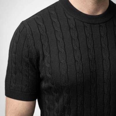 Erkek Yazlık Triko Dokuma Tişört Kısa Kol Bisiklet Yaka Örgü Desenli T-Shirt - Siyah