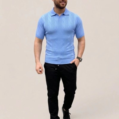Erkek Yazlık Triko Dokuma Tişört Kısa Kol Polo Yaka T-Shirt - Bebek Mavisi