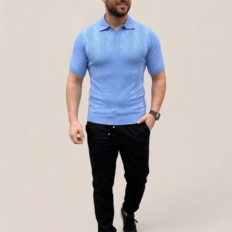 Erkek Yazlık Triko Dokuma Tişört Kısa Kol Polo Yaka T-Shirt - Bebek Mavisi
