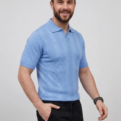 Erkek Yazlık Triko Dokuma Tişört Kısa Kol Polo Yaka T-Shirt - Bebek Mavisi