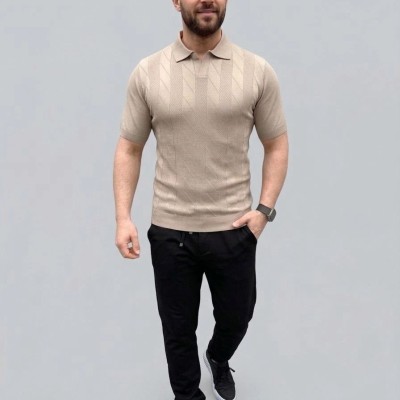 Erkek Yazlık Triko Dokuma Tişört Kısa Kol Polo Yaka T-Shirt - Bej