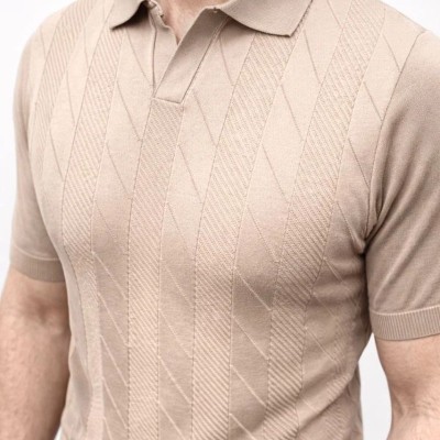 Erkek Yazlık Triko Dokuma Tişört Kısa Kol Polo Yaka T-Shirt - Bej