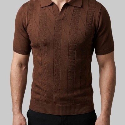 Erkek Yazlık Triko Dokuma Tişört Kısa Kol Polo Yaka T-Shirt - Kahverengi